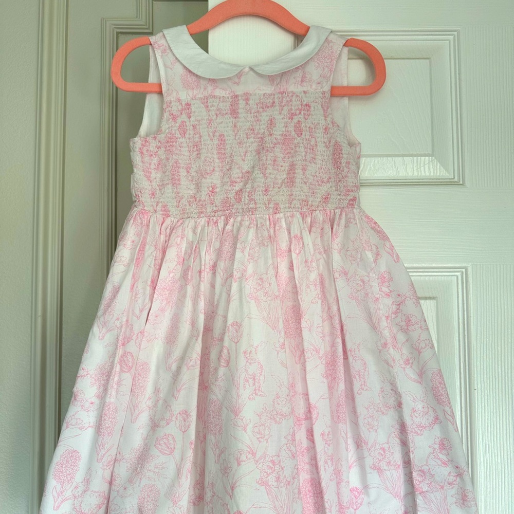 Janie & Jack Girls Smocked Collared Dress in pink bunny and floral toile SZ 6
